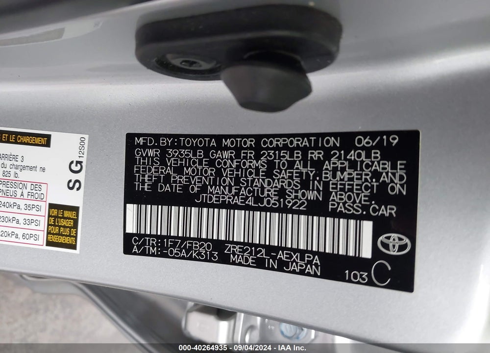 2020 TOYOTA COROLLA LE VIN: JTDEPRAE4LJ051922