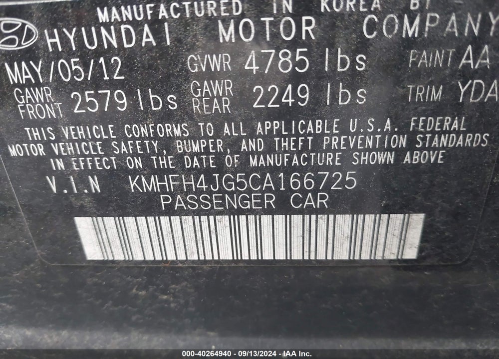 2012 HYUNDAI AZERA VIN: KMHFH4JG5CA166725