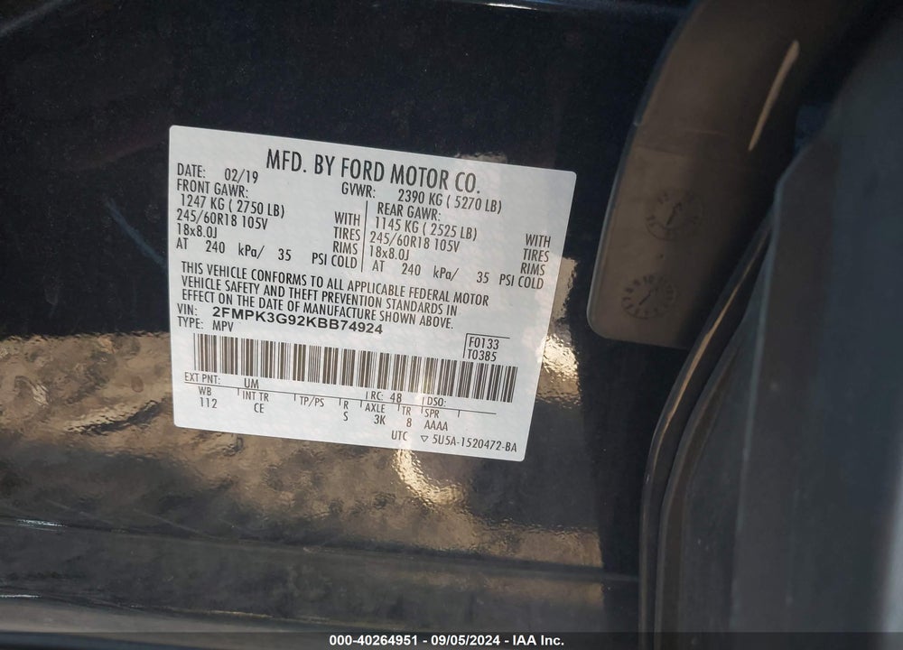 2019 FORD EDGE SE VIN: 2FMPK3G92KBB74924