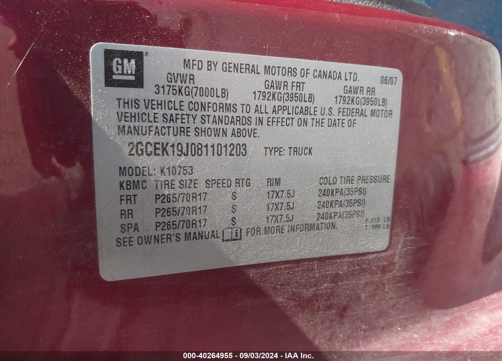 2008 CHEVROLET SILVERADO 1500 LT2 VIN: 2GCEK19J081101203