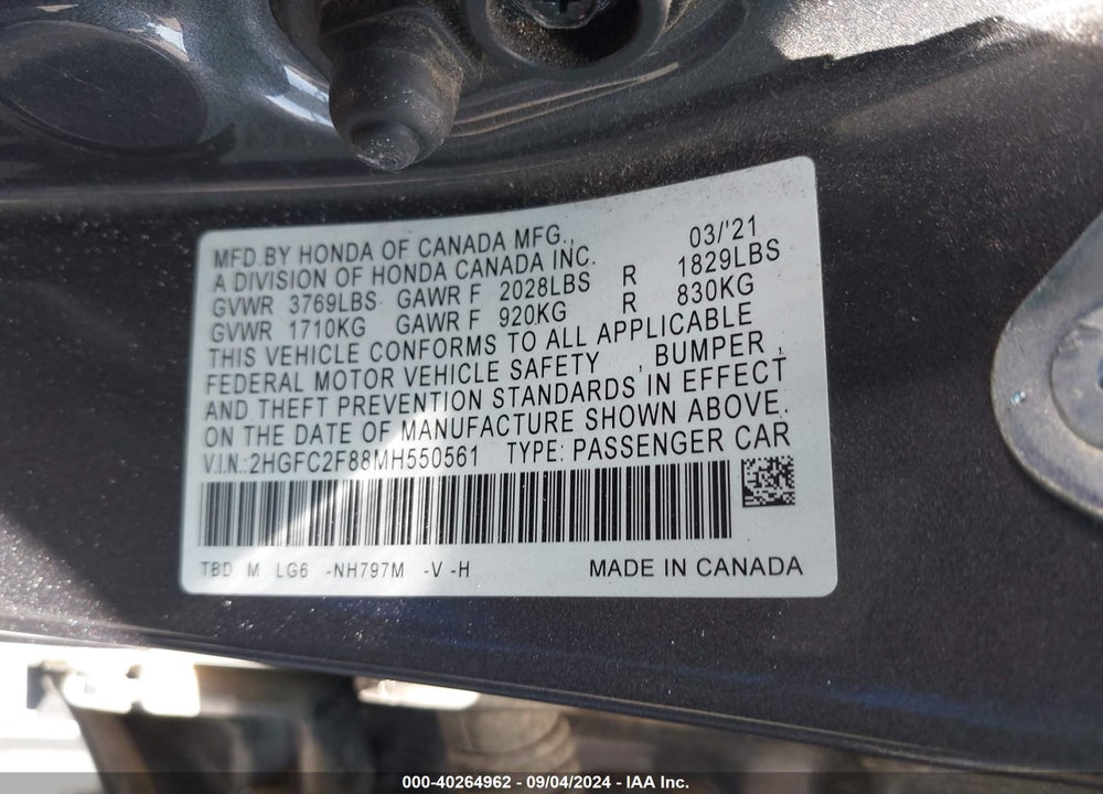 2021 HONDA CIVIC SPORT VIN: 2HGFC2F88MH550561