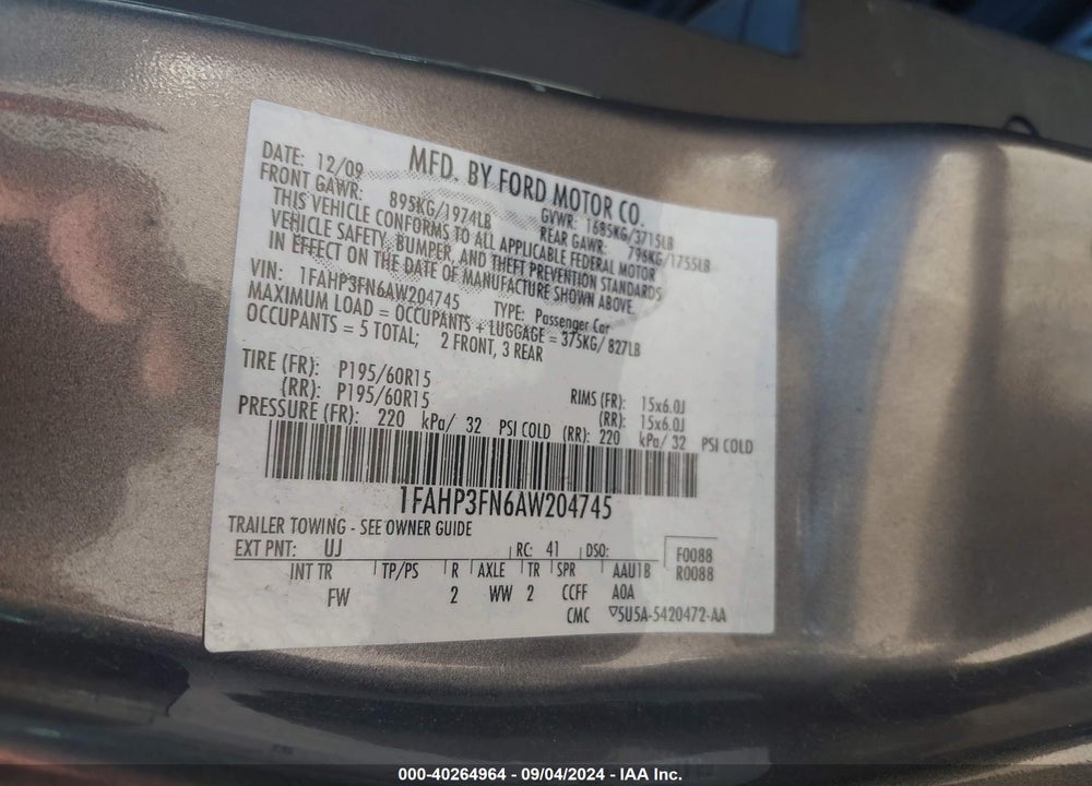 2010 FORD FOCUS SE VIN: 1FAHP3FN6AW204745