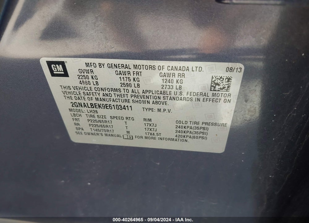 2014 CHEVROLET EQUINOX 1LT VIN: 2GNALBEK9E6103411