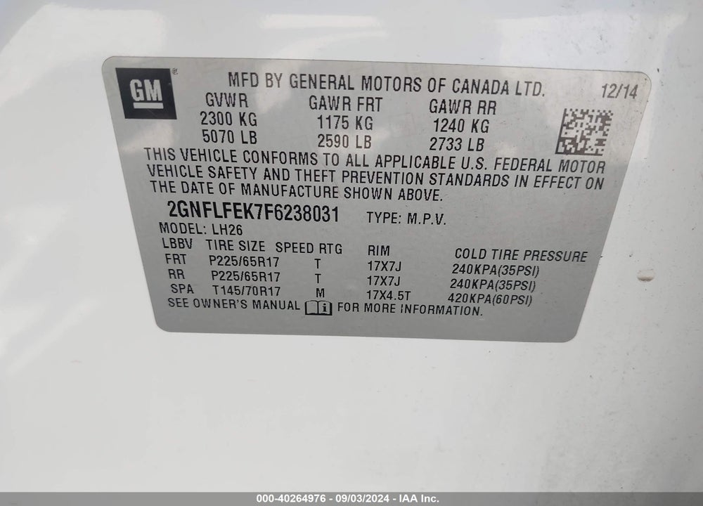 2015 CHEVROLET EQUINOX 1LT VIN: 2GNFLFEK7F6238031