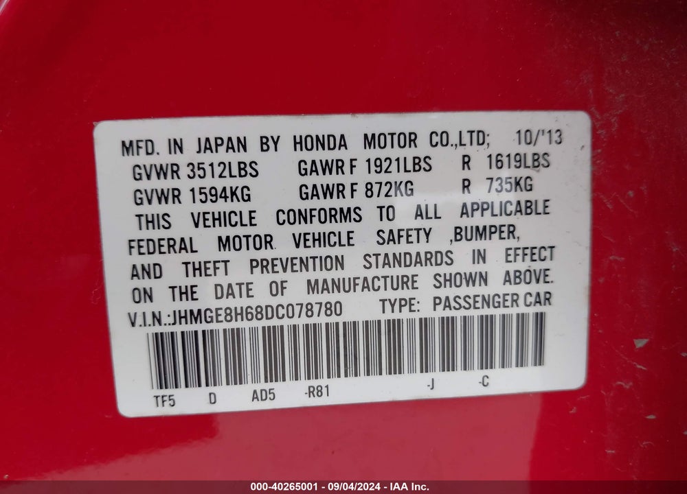 2013 HONDA FIT SPORT VIN: JHMGE8H68DC078780