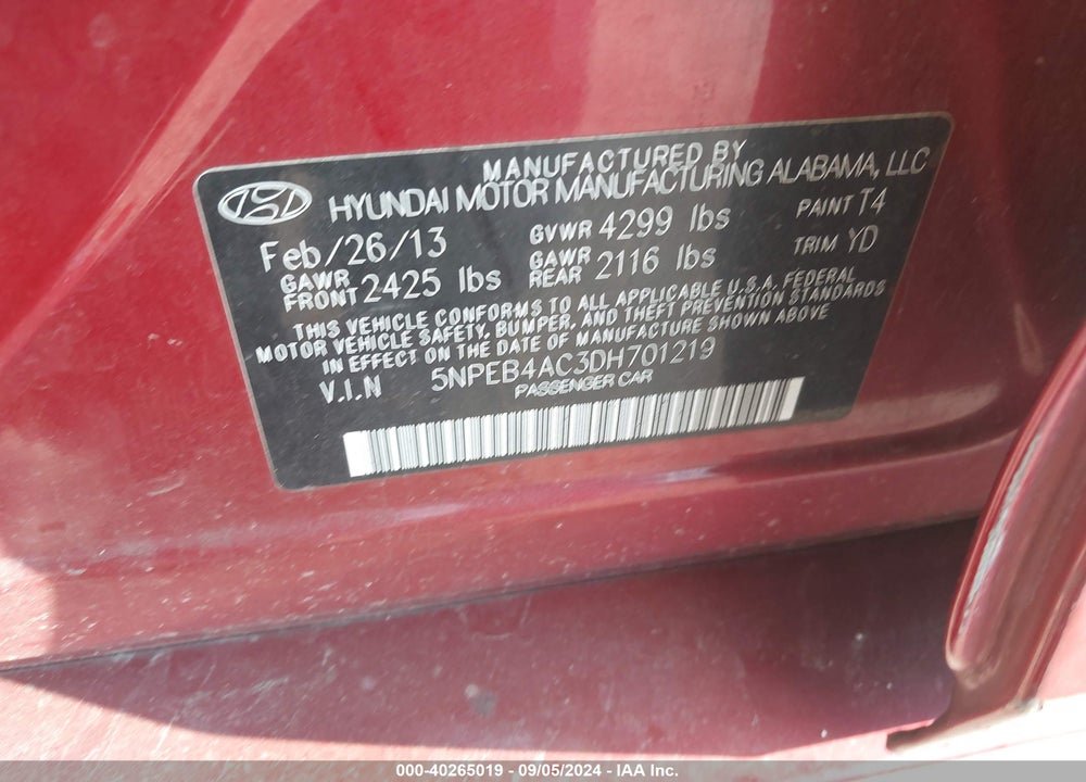 2013 HYUNDAI SONATA GLS VIN: 5NPEB4AC3DH701219