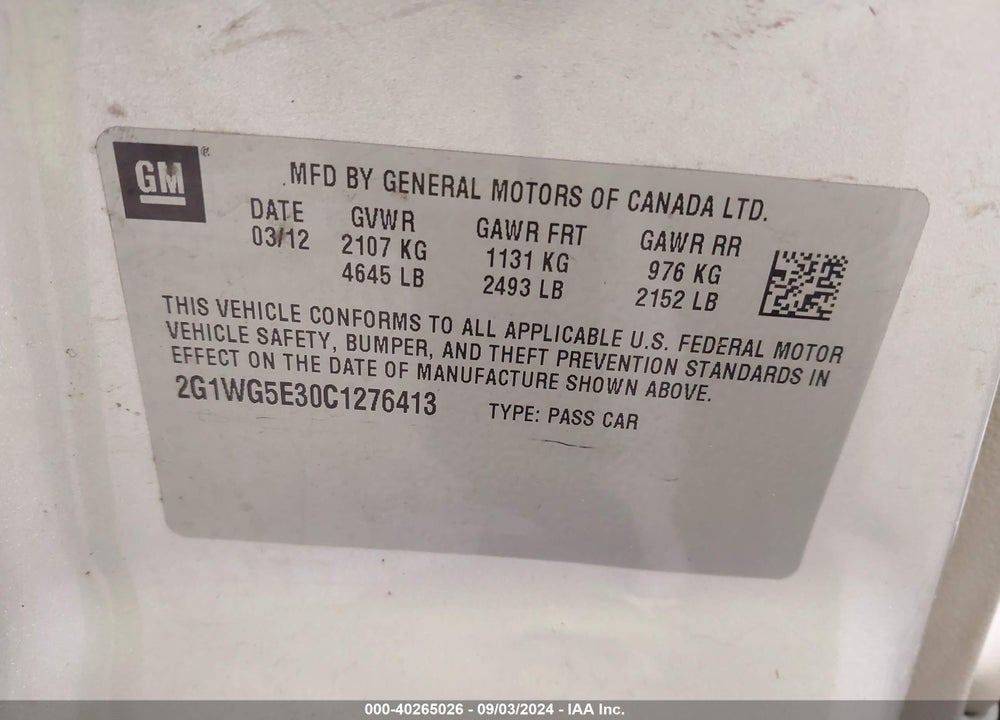2012 CHEVROLET IMPALA LT VIN: 2G1WG5E30C1276413
