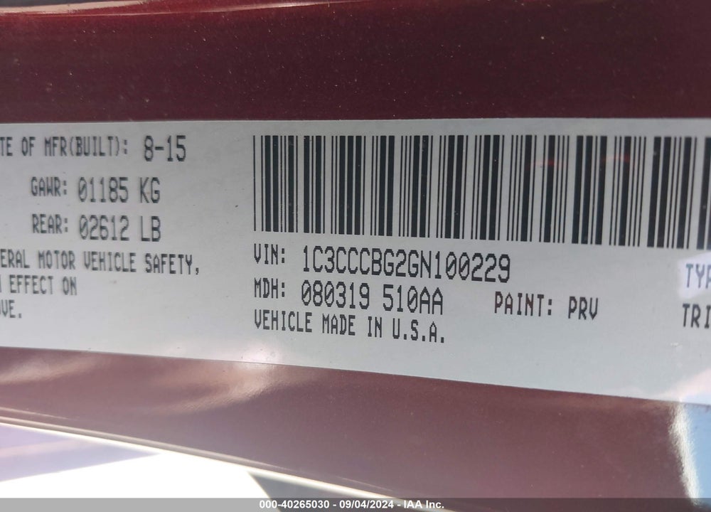 2016 CHRYSLER 200 VIN: 1C3CCCBG2GN100229