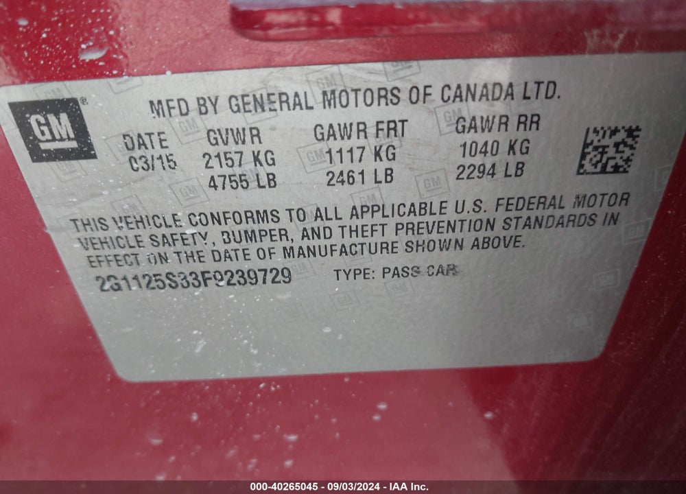 2015 CHEVROLET IMPALA 2LT VIN: 2G1125S33F9239729