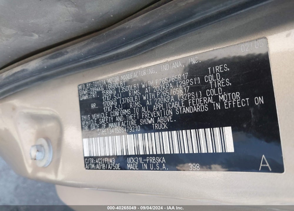 2005 TOYOTA TUNDRA SR5 V8 VIN: 5TBET34155S479210
