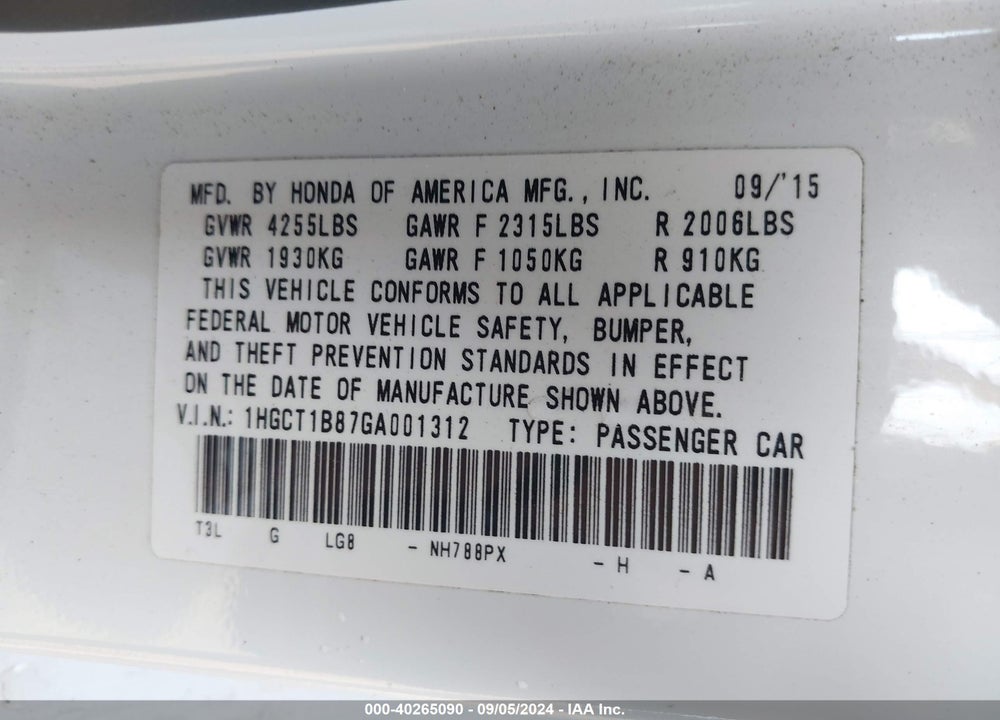 2016 HONDA ACCORD EX-L VIN: 1HGCT1B87GA001312