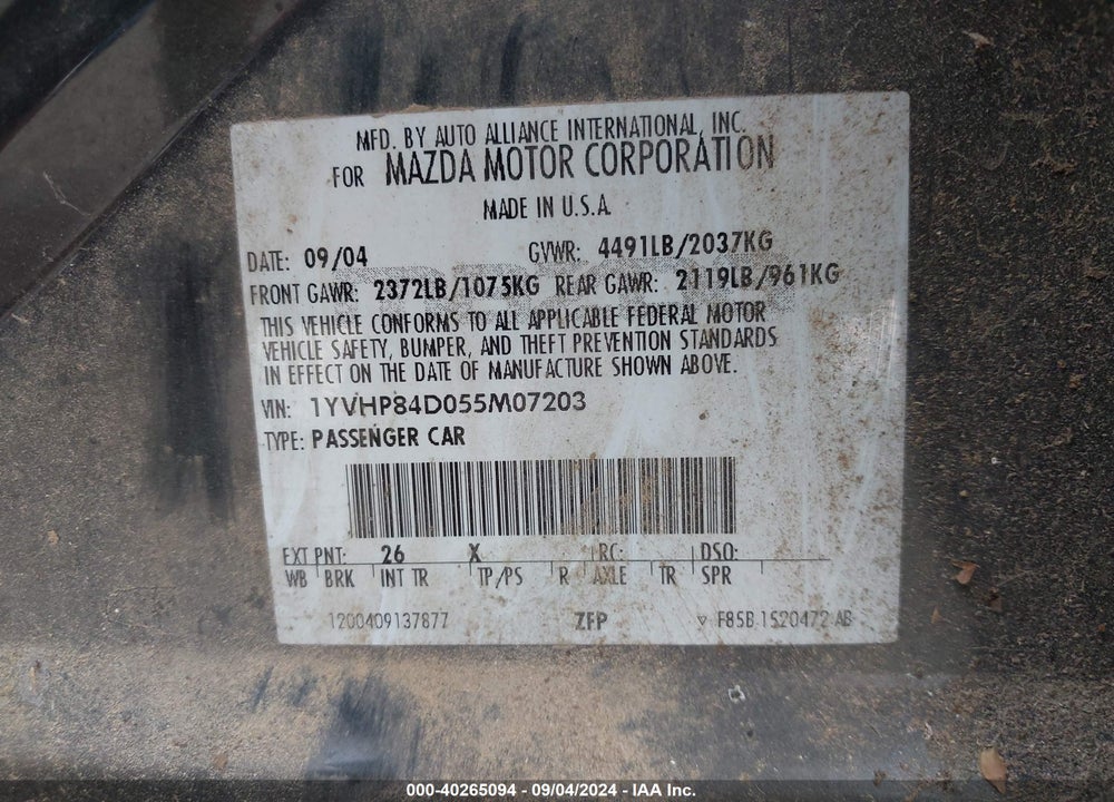2005 MAZDA MAZDA6 VIN: 1YVHP84D055M07203