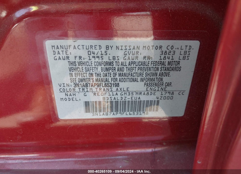 2015 NISSAN SENTRA FE+ S/S/SL/SR/SV VIN: 3N1AB7AP9FL653198