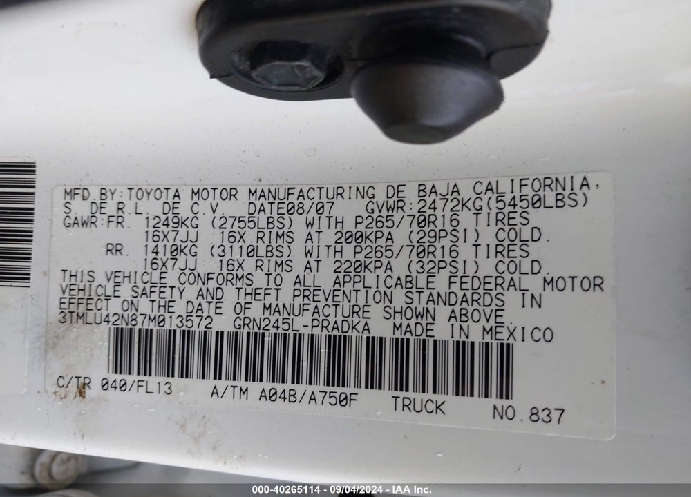 2007 TOYOTA TACOMA BASE V6 VIN: 3TMLU42N87M013572