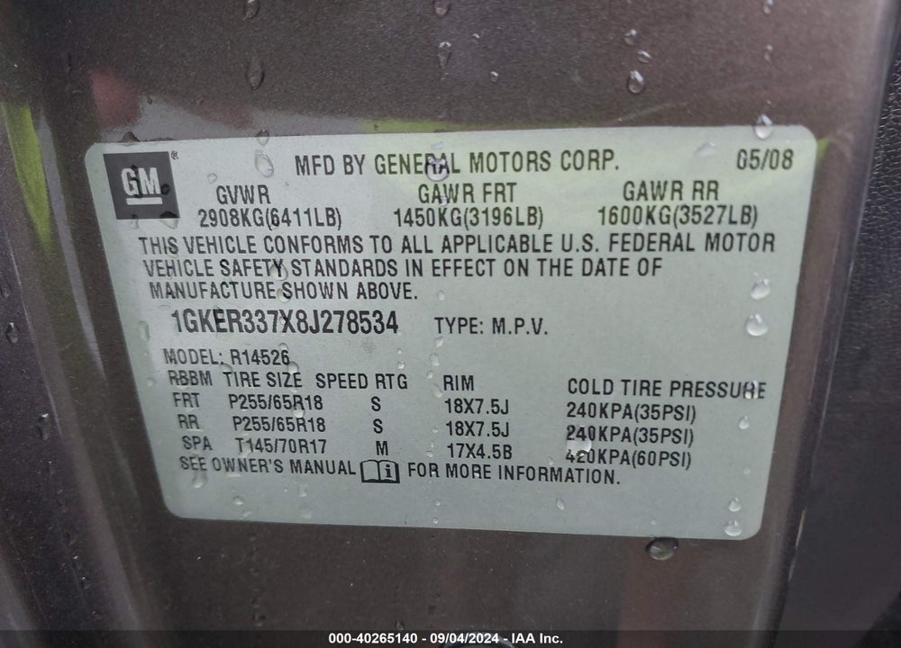 2008 GMC ACADIA SLT-2 VIN: 1GKER337X8J278534
