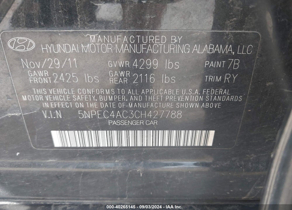 2012 HYUNDAI SONATA SE VIN: 5NPEC4AC3CH427788