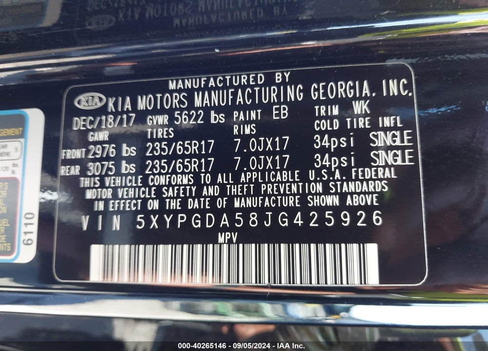 2018 KIA SORENTO 3.3L LX VIN: 5XYPGDA58JG425926