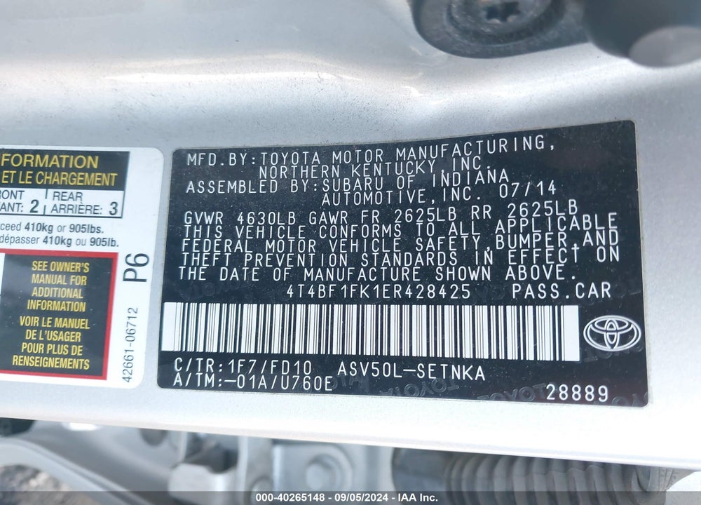 2014 TOYOTA CAMRY LE VIN: 4T4BF1FK1ER428425