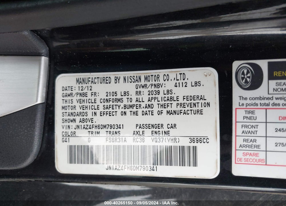 2013 NISSAN 370Z TOURING VIN: JN1AZ4FH6DM790341