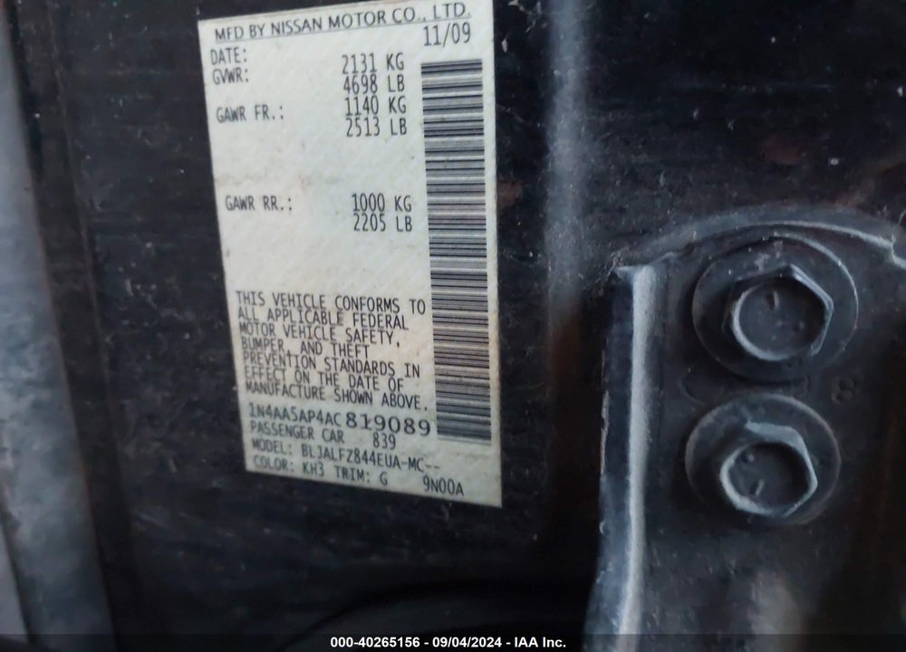 2010 NISSAN MAXIMA 3.5 SV VIN: 1N4AA5AP4AC819089