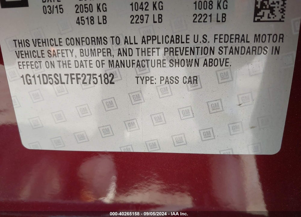 2015 CHEVROLET MALIBU 2LT VIN: 1G11D5SL7FF275182