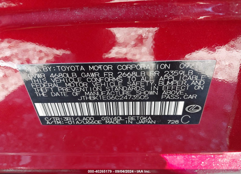 2012 LEXUS ES 350 VIN: JTHBK1EG6C2473505
