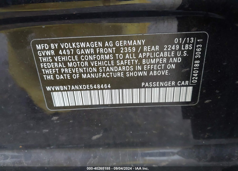 2013 VOLKSWAGEN CC 2.0T SPORT VIN: WVWBN7ANXDE548464