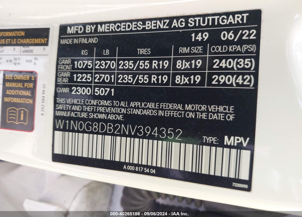 2022 MERCEDES-BENZ GLC 300 SUV VIN: W1N0G8DB2NV394352