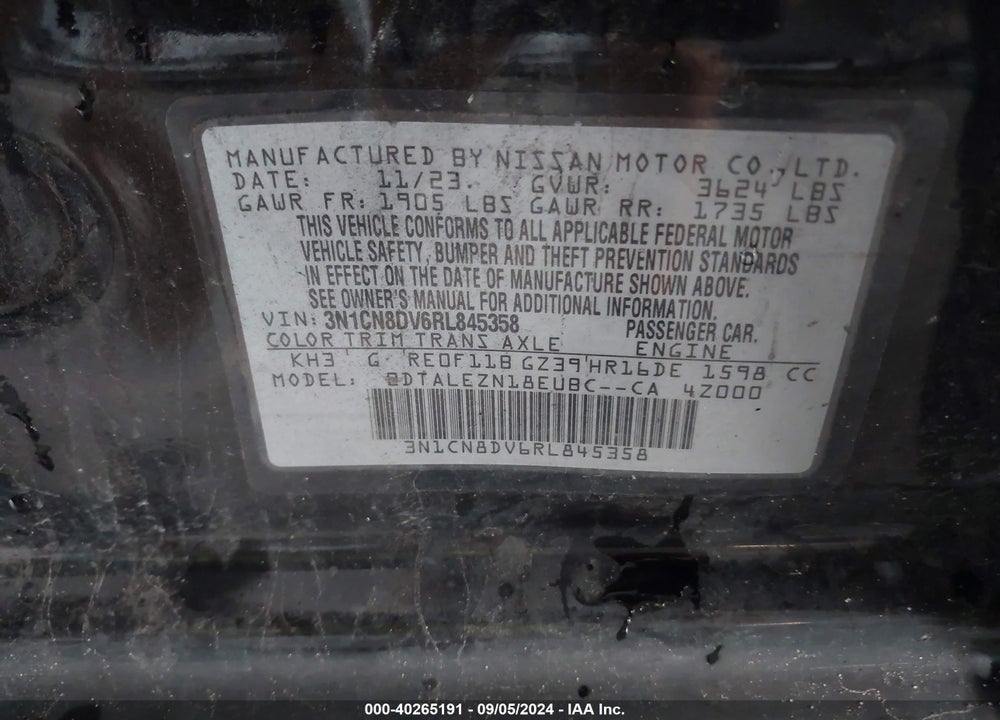 2024 NISSAN VERSA 1.6 S+ VIN: 3N1CN8DV6RL845358