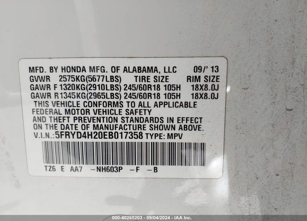 2014 ACURA MDX VIN: 5FRYD4H20EB017358