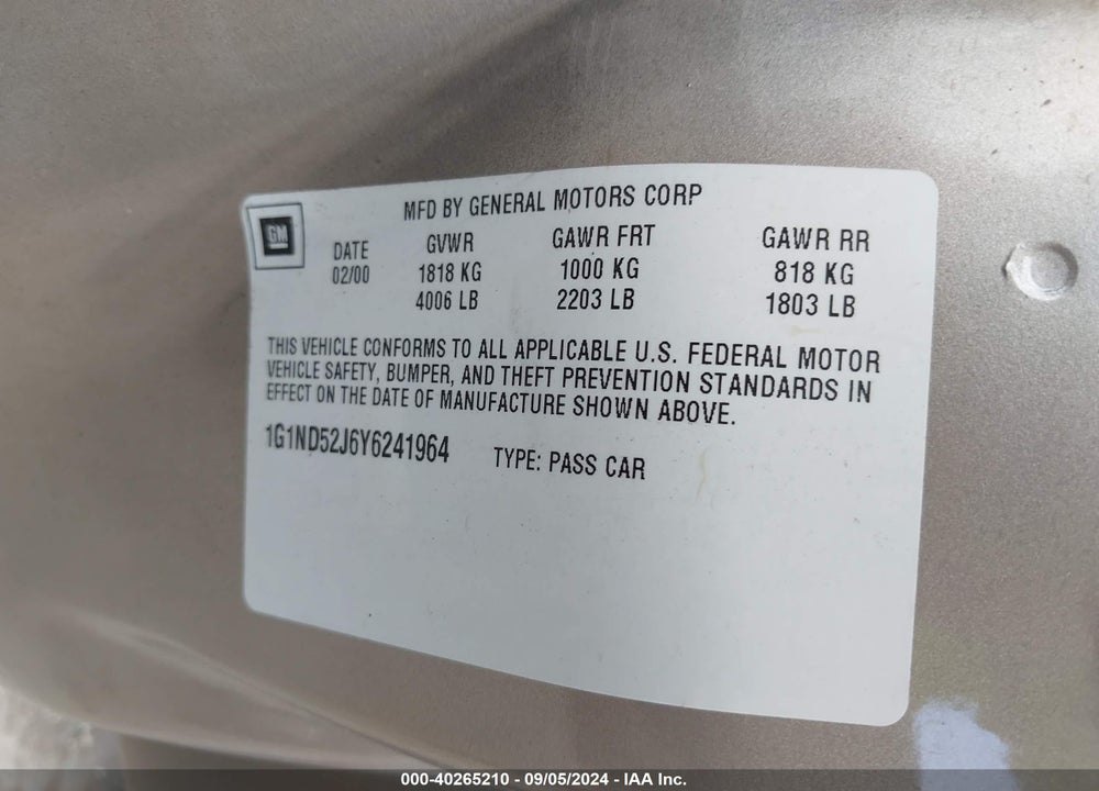 2000 CHEVROLET MALIBU VIN: 1G1ND52J6Y6241964