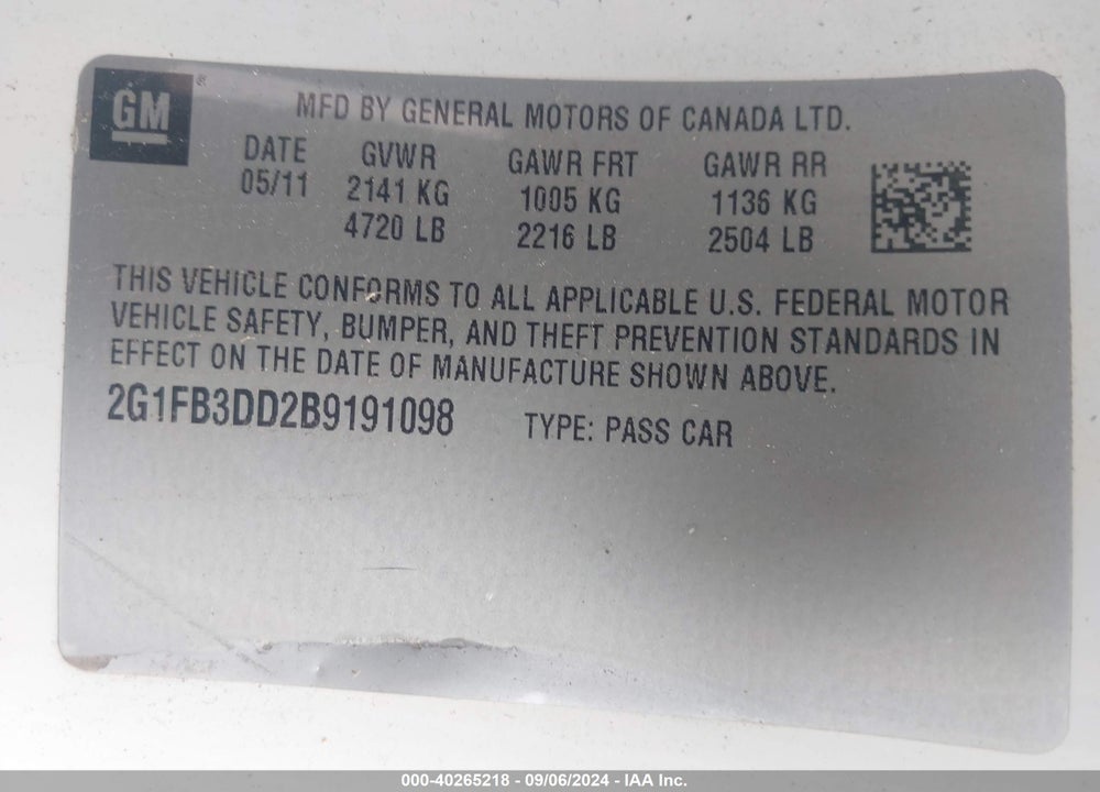 2011 CHEVROLET CAMARO 1LT VIN: 2G1FB3DD2B9191098