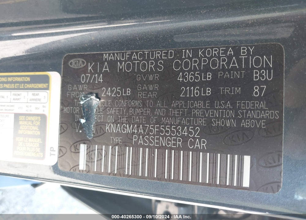 2015 KIA OPTIMA LX VIN: KNAGM4A75F5553452