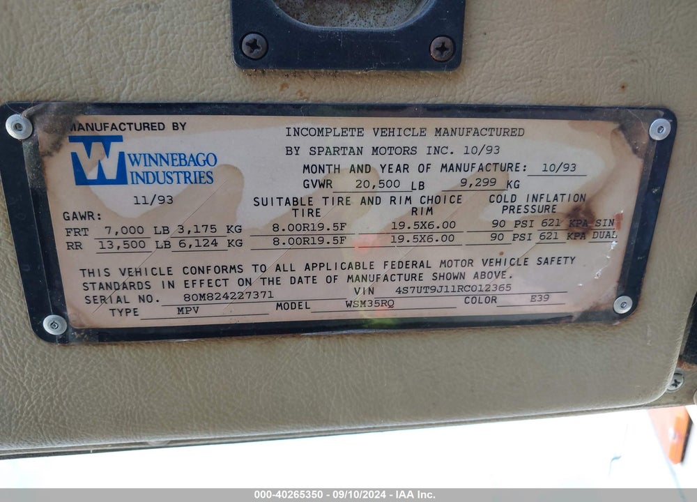 1994 SPARTAN MOTORS MOTORHOME VIN: 4S7UT9J11RC012365