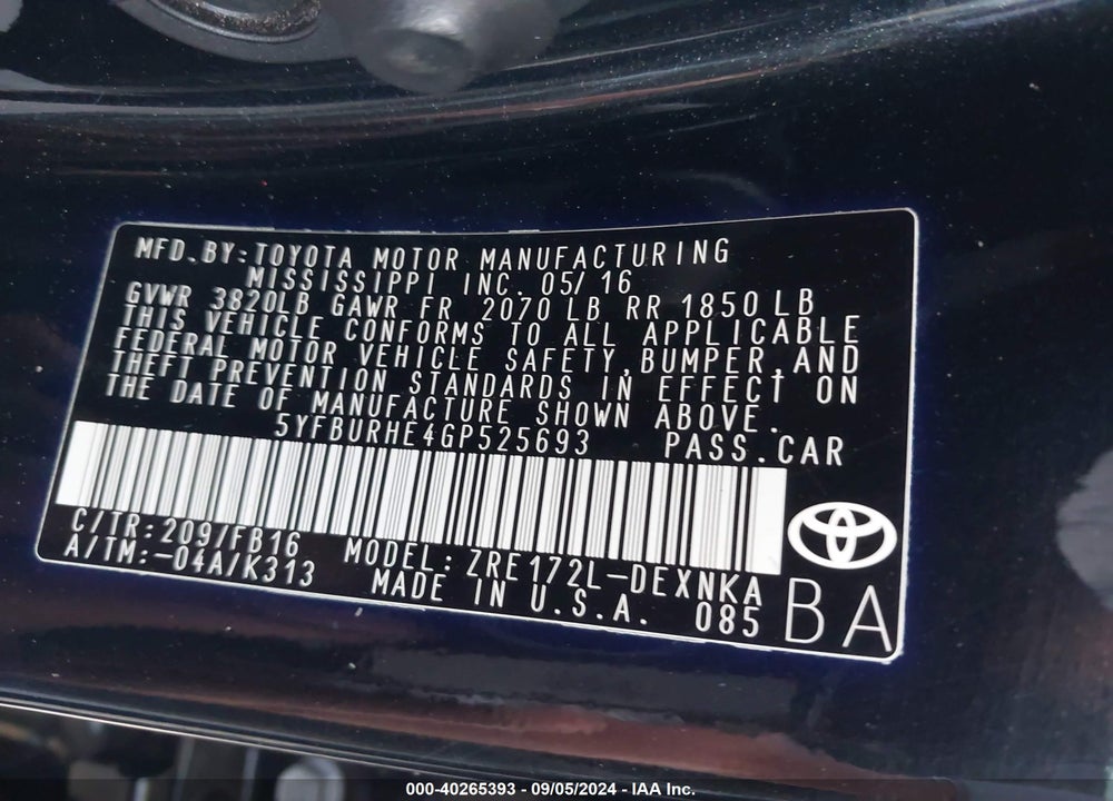 2016 TOYOTA COROLLA LE VIN: 5YFBURHE4GP525693