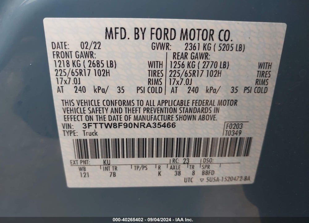 2022 FORD MAVERICK XLT VIN: 3FTTW8F90NRA35466