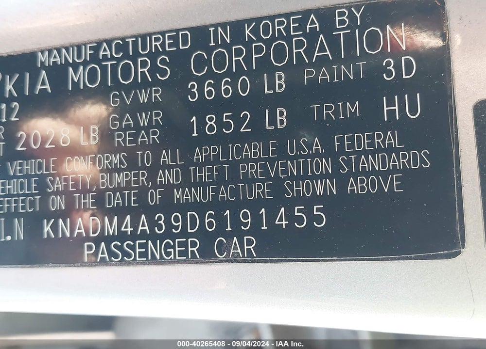 2013 KIA RIO VIN: KNADM4A39D6191455