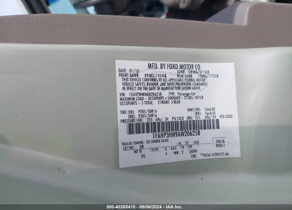 2010 FORD FOCUS SEL VIN: 1FAHP3HN9AW206258