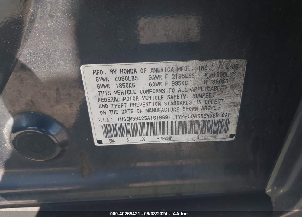 2005 HONDA ACCORD 2.4 LX VIN: 1HGCM56425A161669