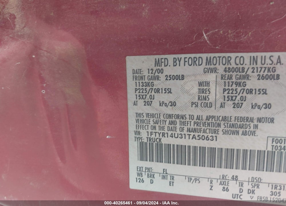 2001 FORD RANGER EDGE/XL/XLT VIN: 1FTYR14U31TA50631