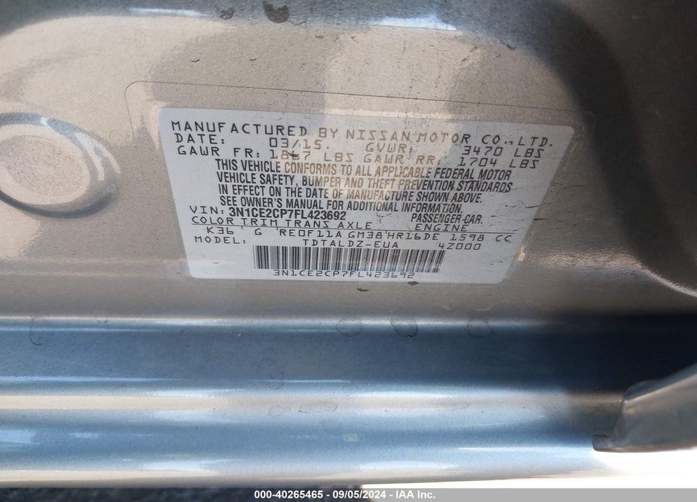 2015 NISSAN VERSA NOTE S (SR)/S PLUS/SL/SR/SV VIN: 3N1CE2CP7FL423692