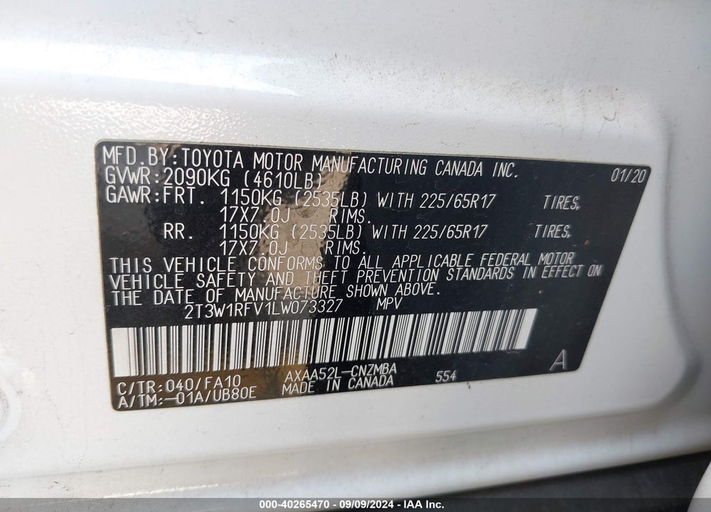 2020 TOYOTA RAV4 XLE VIN: 2T3W1RFV1LW073327
