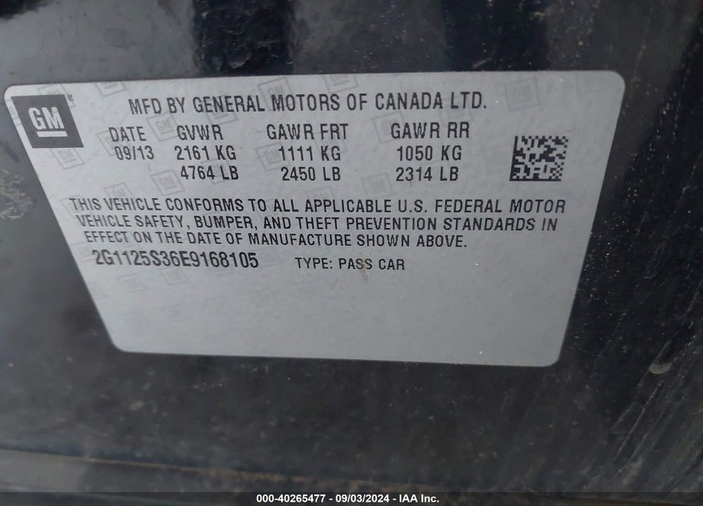 2014 CHEVROLET IMPALA 2LT VIN: 2G1125S36E9168105