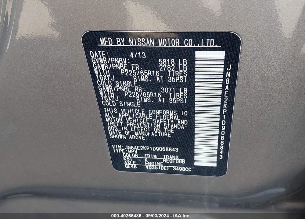 2013 NISSAN QUEST SV VIN: JN8AE2KP1D9068843