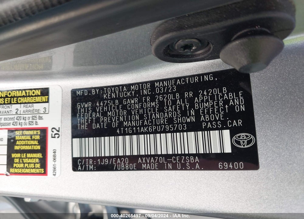 2023 TOYOTA CAMRY SE VIN: 4T1G11AK6PU795703