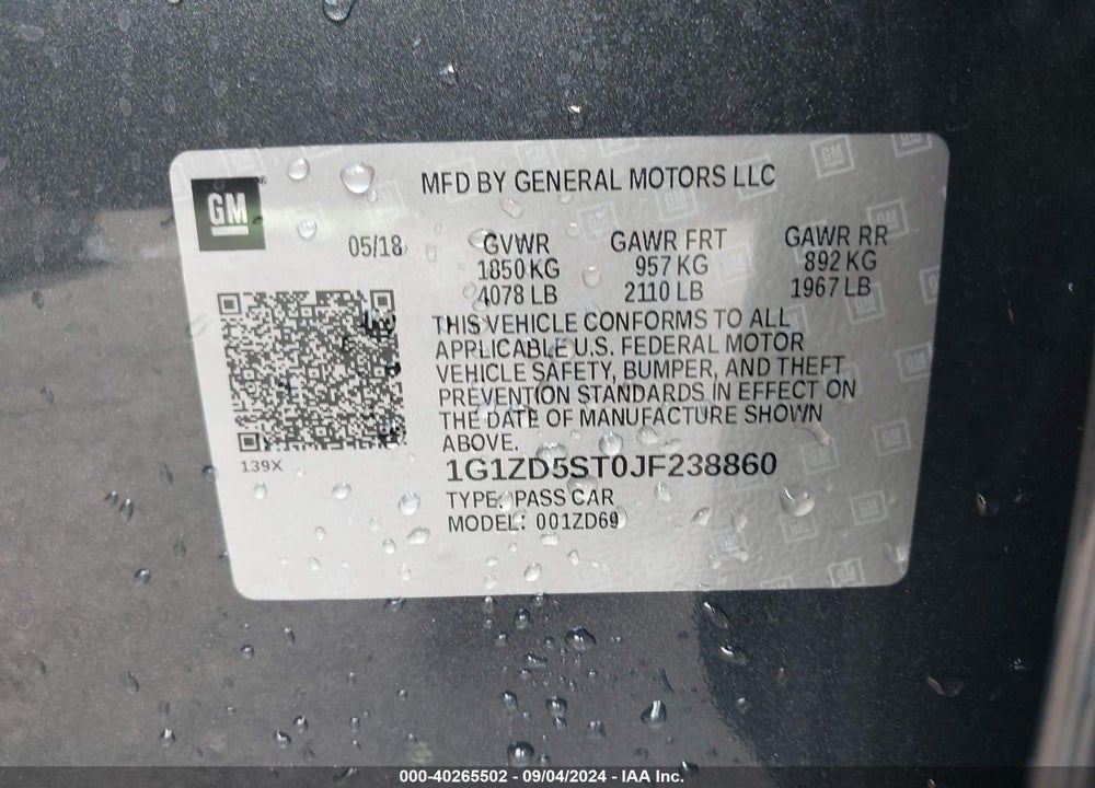 2018 CHEVROLET MALIBU LT VIN: 1G1ZD5ST0JF238860