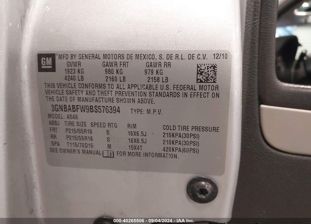 2011 CHEVROLET HHR VIN: 3GNBABFW9BS576394