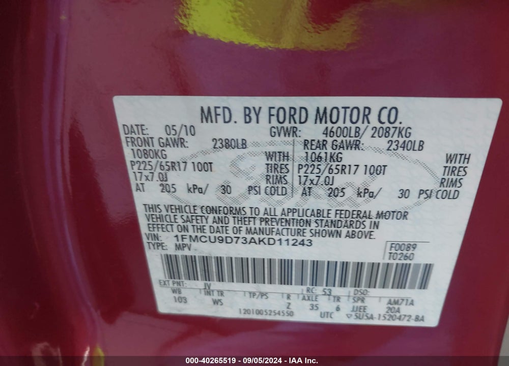 2010 FORD ESCAPE VIN: 1FMCU9D73AKD11243