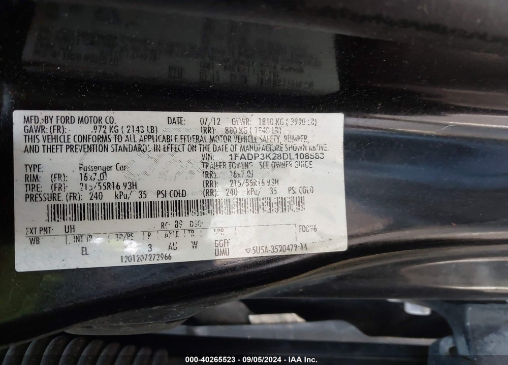2013 FORD FOCUS SE VIN: 1FADP3K28DL108583