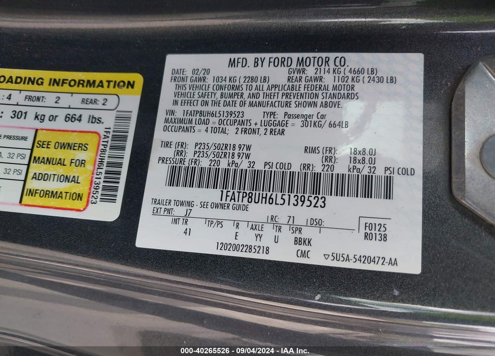 2020 FORD MUSTANG ECOBOOST PREMIUM VIN: 1FATP8UH6L5139523